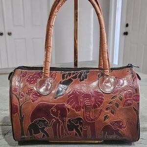 New Leather Elephant Embossed Barrel Satchel Tote | Boho Vintage Style